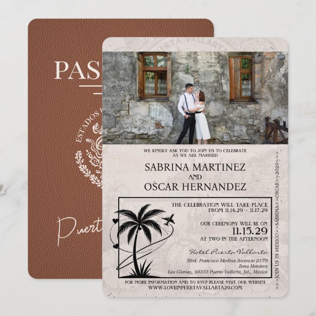Brown Puerta Vallarta Passport Wedding Invitation (Front/Back)