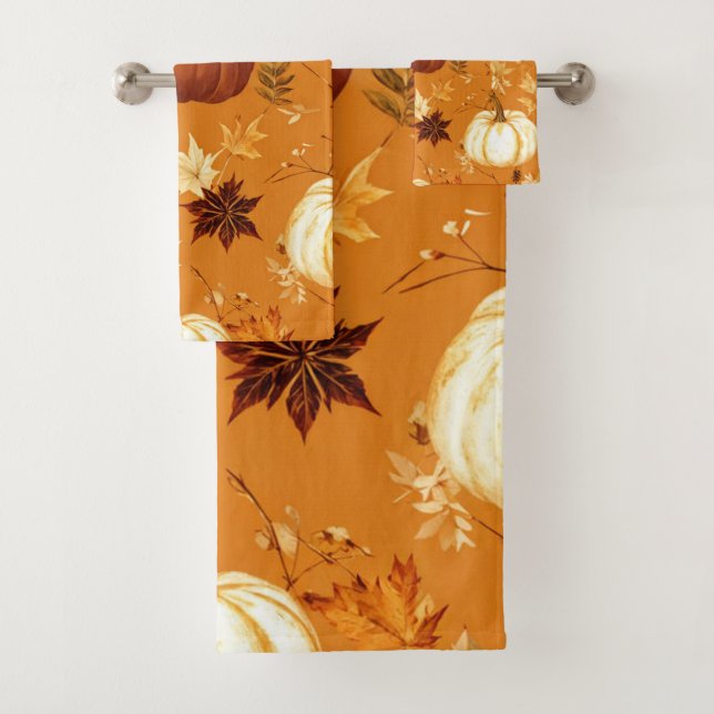 Brown Pumpkin Floral Autumn and Fall Pattern Bath Towel Set (Insitu)