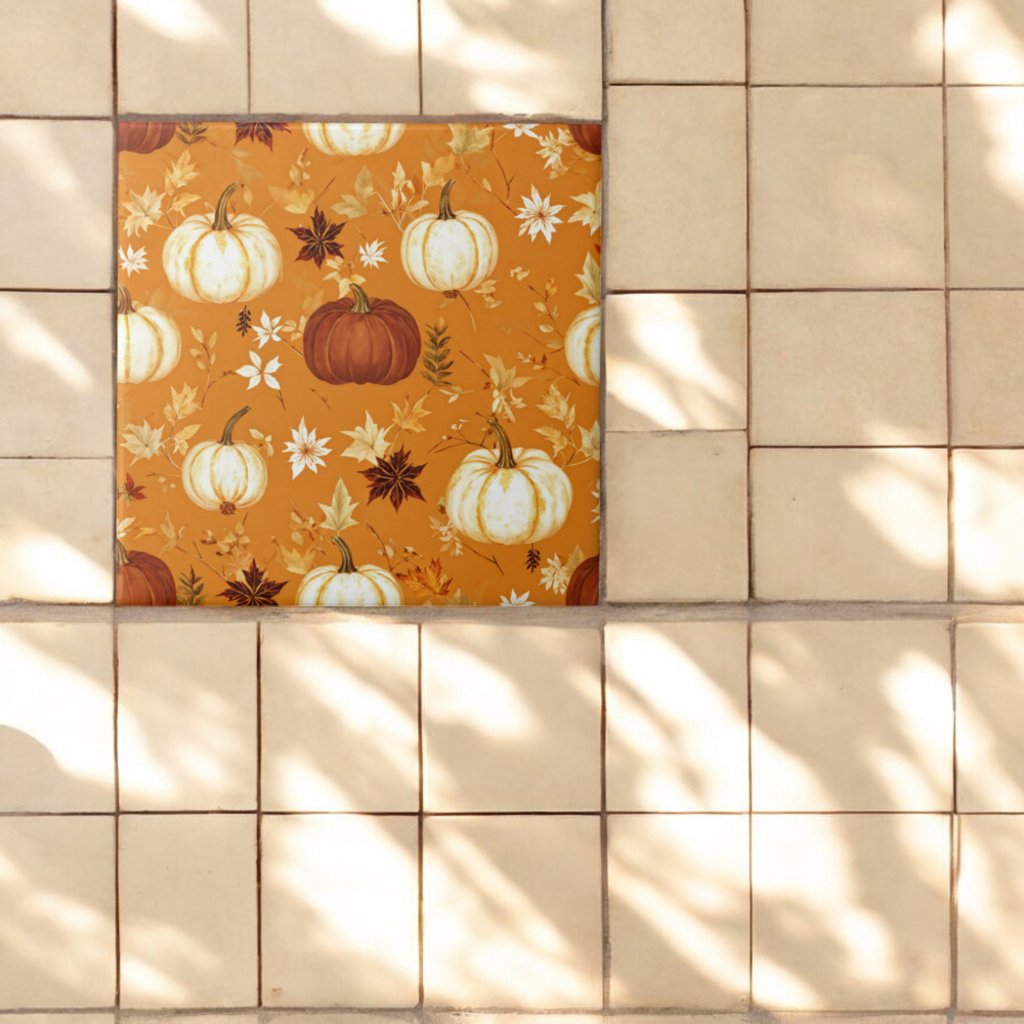 Brown Pumpkin Floral Autumn and Fall Pattern Ceramic Tile