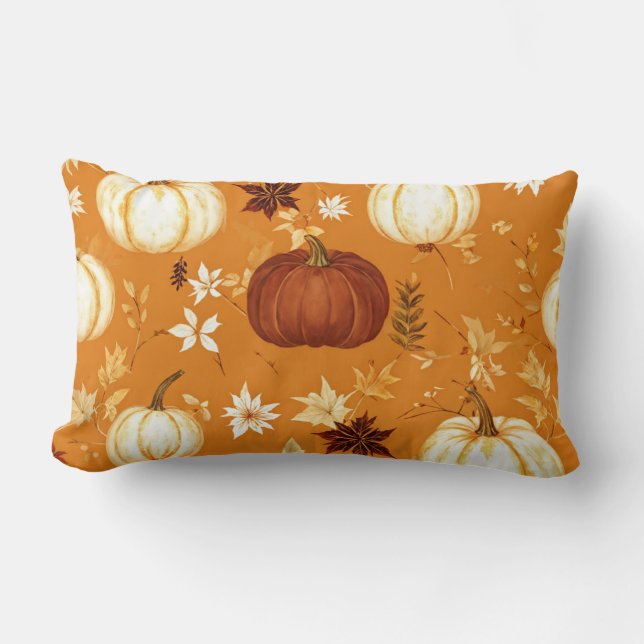 Brown Pumpkin Floral Autumn and Fall Pattern Lumbar Pillow (Front)