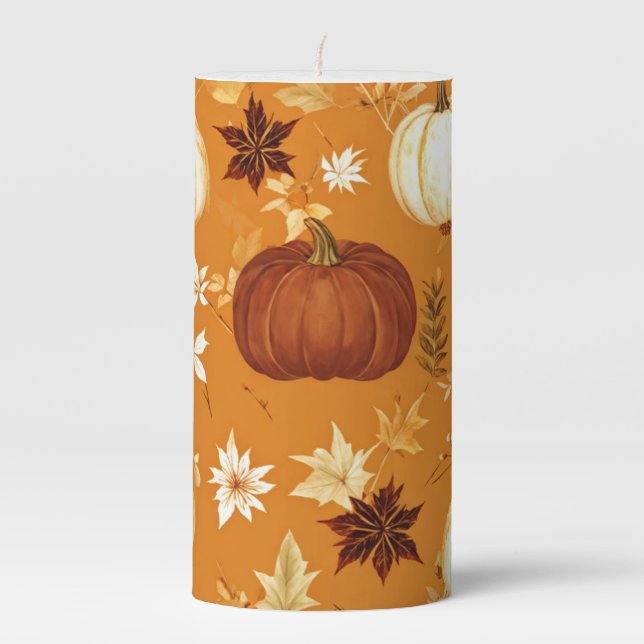 Brown Pumpkin Floral Autumn and Fall Pattern Pillar Candle (Front)