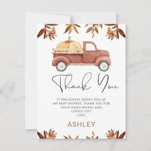 Brown Pumpkin Truck Baby Shower Thank You Card