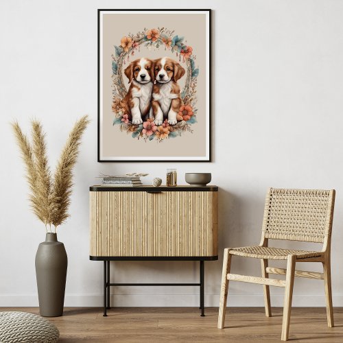 Brown Puppies with Orange Flowers  Poster