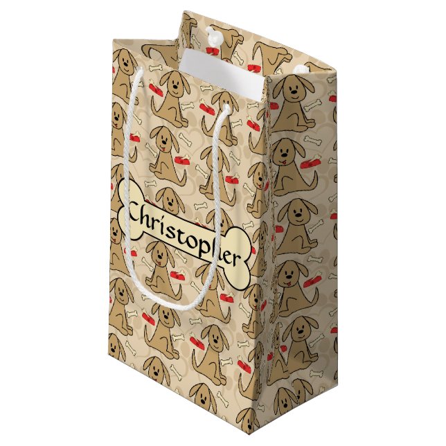 Brown Puppy Dog Graphic Design Personalize Small Gift Bag (Front Angled)