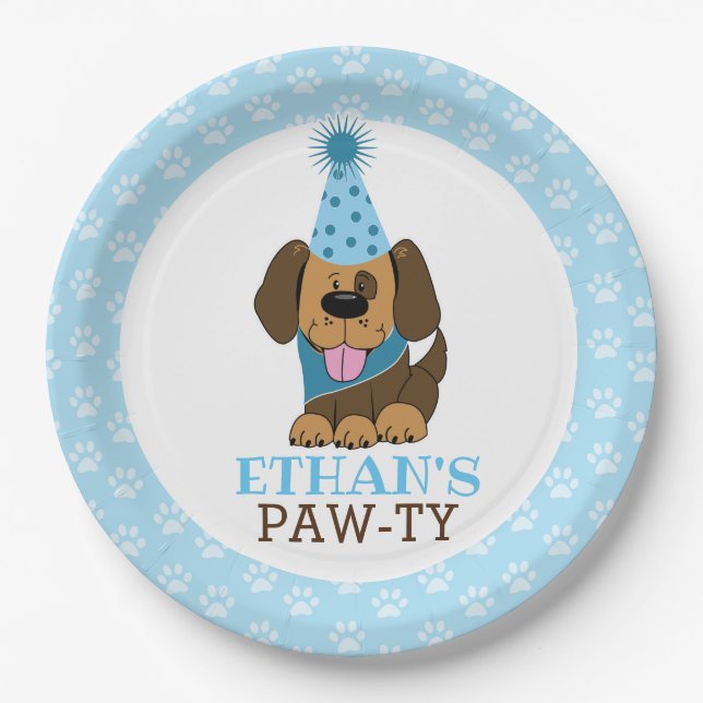 Brown Puppy Dog Paw-ty Any Age Birthday Paper Plates (Front)