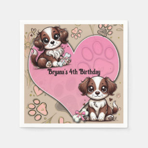 Brown Puppy Dog Pink Paw & Heart Birthday Party Napkins