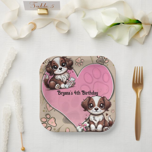 Brown Puppy Dog Pink Paw & Heart Birthday Party  Paper Plates (Wedding)