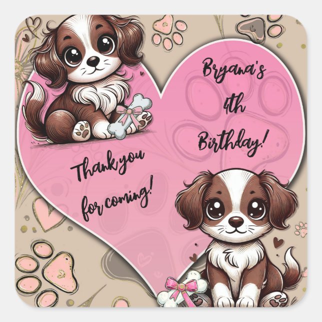 Brown Puppy Dog Pink Paw & Heart Birthday Party  Square Sticker (Front)
