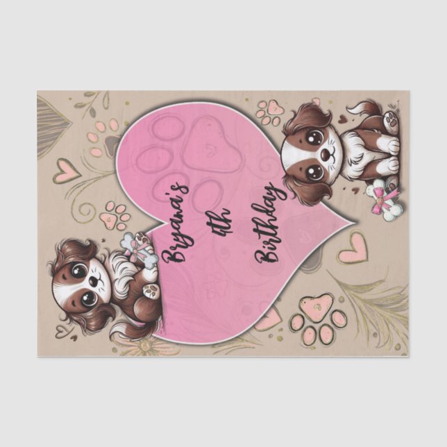 Brown Puppy Dog Pink Paw & Heart Birthday Party  Tissue Paper (Front)