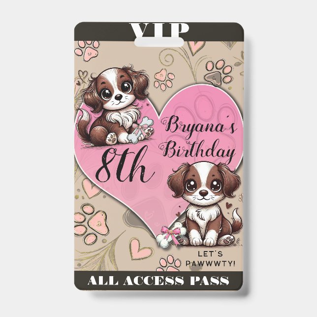 Brown Puppy Dog Pink Paw & Heart Birthday VIP Pass Badge (Front)
