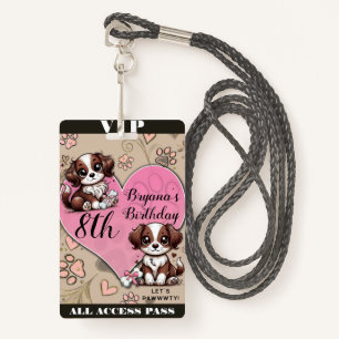 Brown Puppy Dog Pink Paw & Heart Birthday VIP Pass Badge
