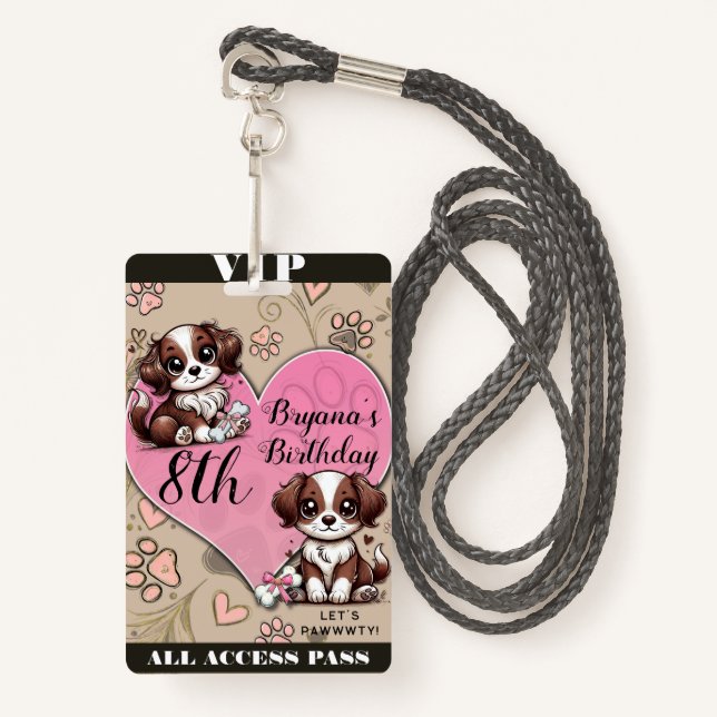 Brown Puppy Dog Pink Paw & Heart Birthday VIP Pass Badge (Front with Lanyard)
