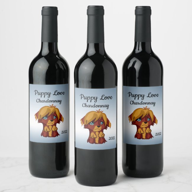 Brown Puppy Dog with Blue Eyes Wine Label