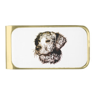 Brown Puppy Sketch Gold Finish Money Clip