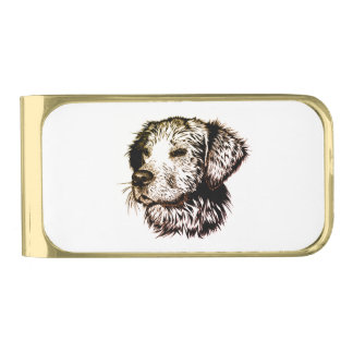 Brown Puppy Sketch Gold Finish Money Clip