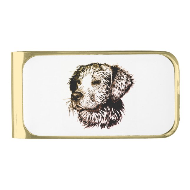 Brown Puppy Sketch Gold Finish Money Clip (Front)