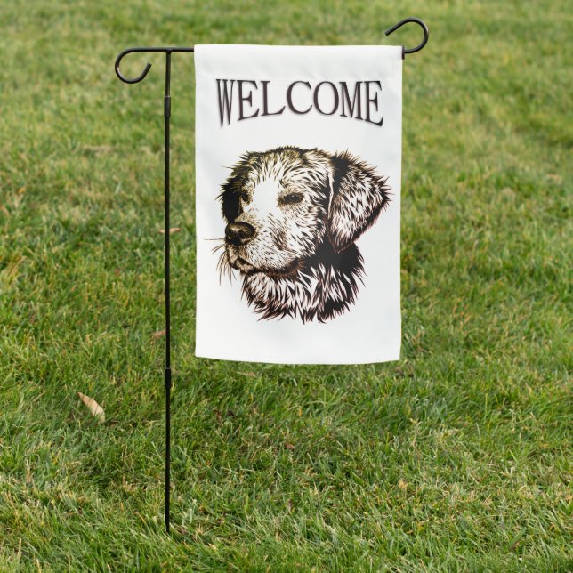 Brown Puppy Sketch Welcome Garden Flag (In SItu)