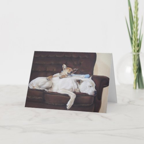 brown puppy white american bulldog realist art card