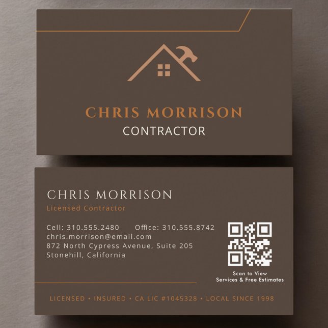 Brown  QR Code Contractor Construction Business Card (Creator Uploaded)