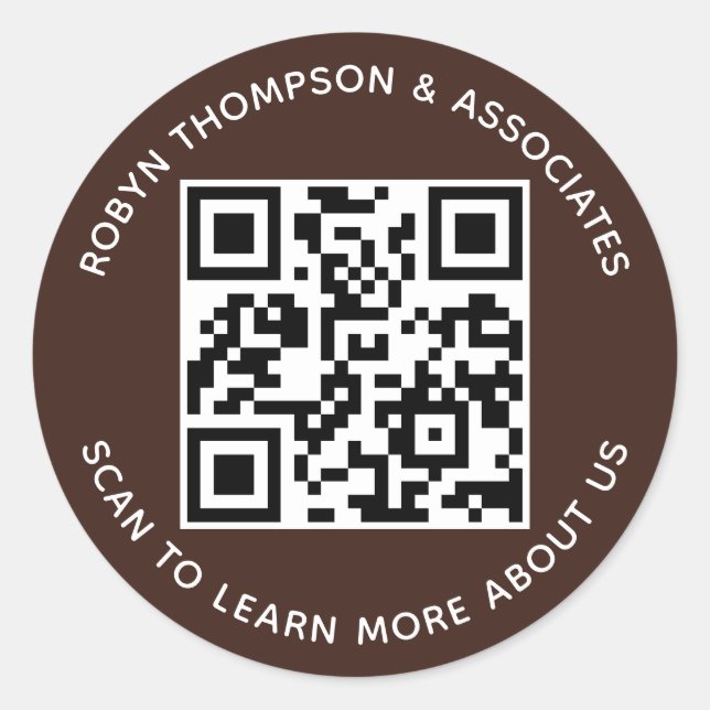 Brown QR Code Stickers Custom Business Name Round (Front)