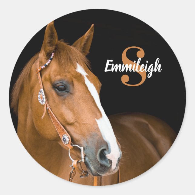 Brown Quarter Horse Black Monogram Name Initial Classic Round Sticker (Front)