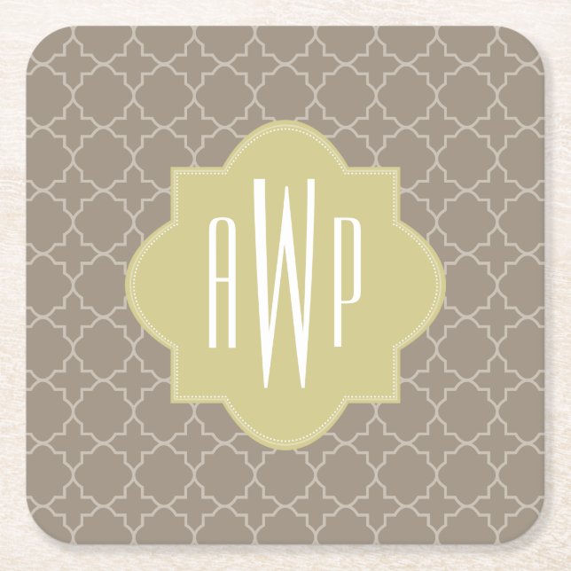 Brown Quatrefoil Monogram Square Paper Coaster (Front)