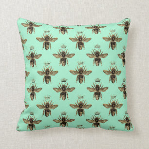 Brown Queen Bees on Mint Green Throw Pillow