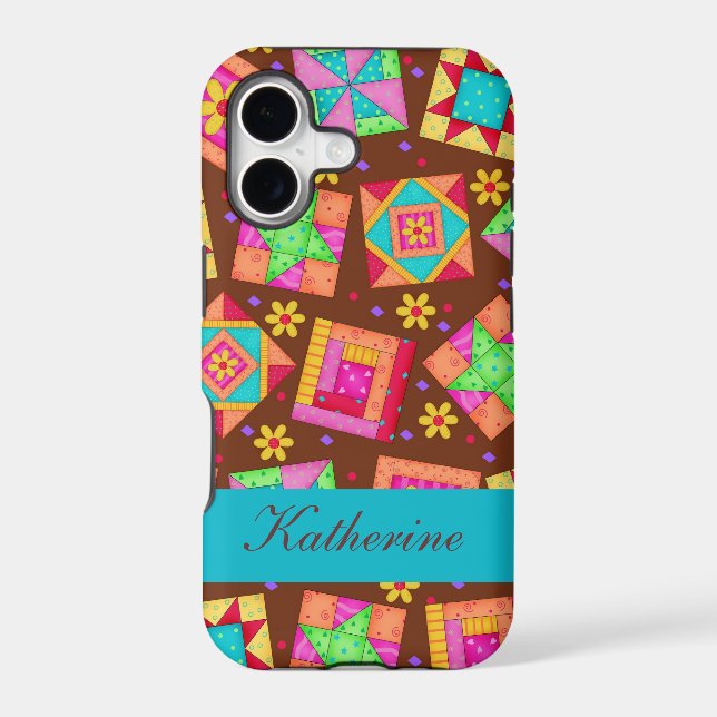 Brown Quilt Art Patchwork Blocks Name Personalized Iphone Case (Back)