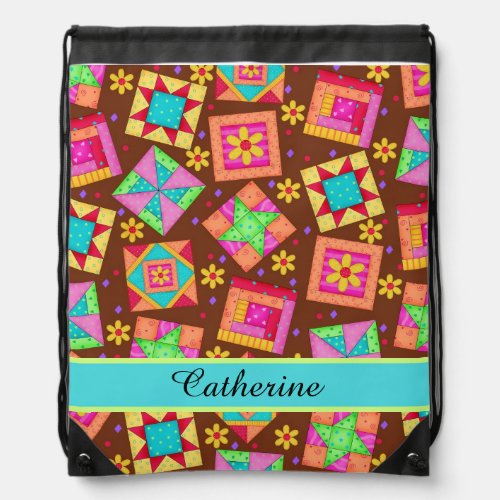 Brown Quilt Patchwork Block Art Name or Monogram Drawstring Bag