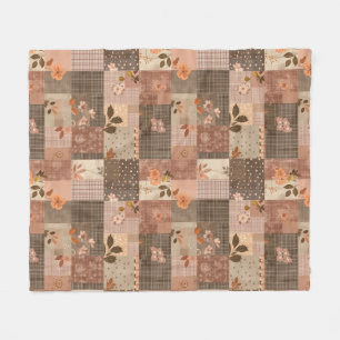 Brown Quilt Patchwork Gingham Cottagecore Floral Fleece Blanket