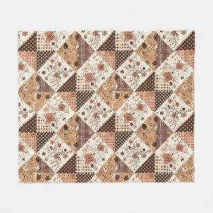 Brown Quilt Patchwork Gingham Cottagecore Floral Fleece Blanket