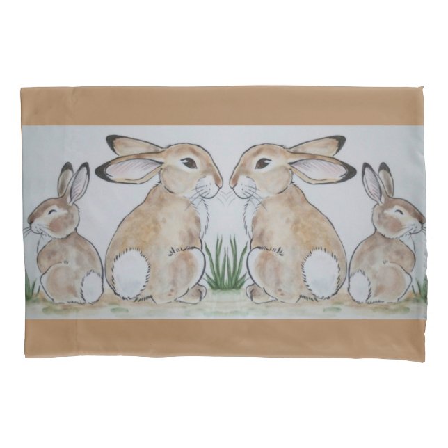 Brown Rabbit Bunny Mom & Baby Tan Animal Pillow Case (Front)