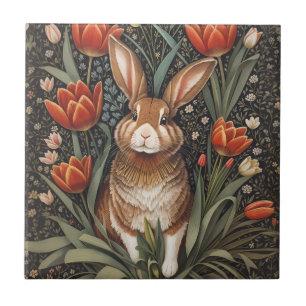 Brown Rabbit Red Tulips William Morris Inspired Ceramic Tile