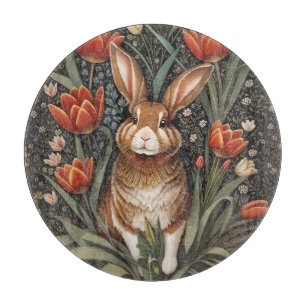 Brown Rabbit Red Tulips William Morris Inspired Cutting Board