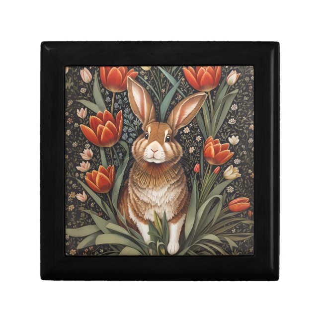 Brown Rabbit Red Tulips William Morris Inspired Gift Box (Front)