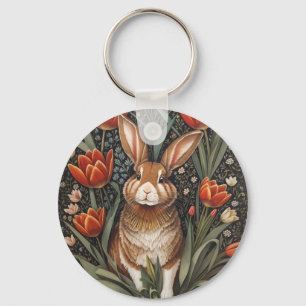 Brown Rabbit Red Tulips William Morris Inspired Keychain