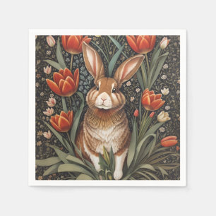 Brown Rabbit Red Tulips William Morris Inspired Napkins