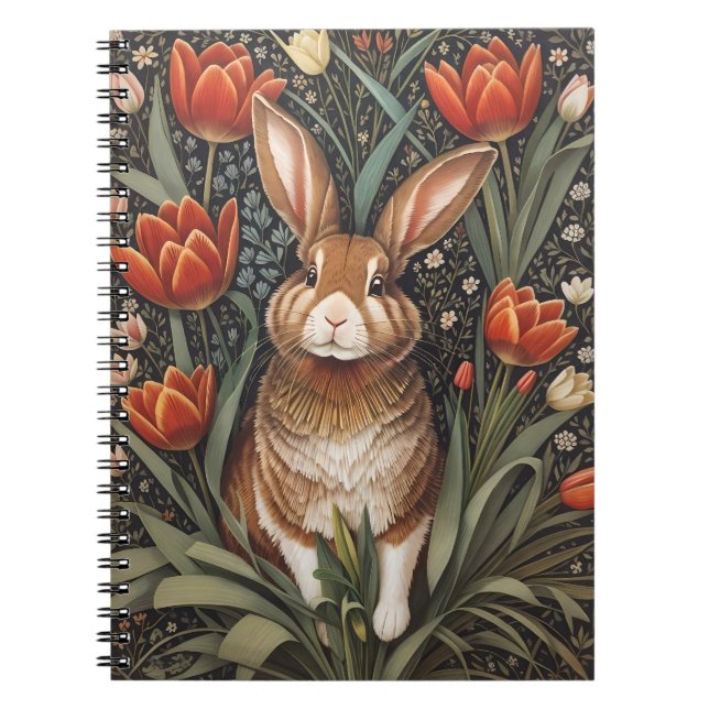 Brown Rabbit Red Tulips William Morris Inspired Notebook (Front)