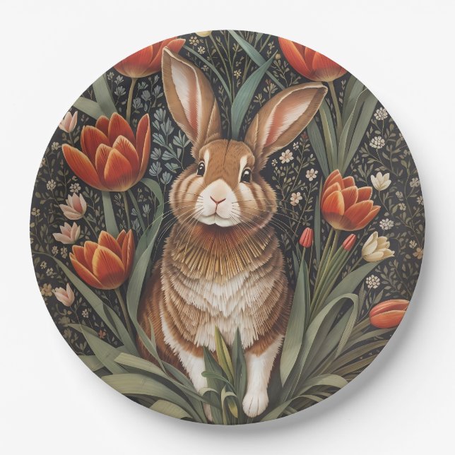 Brown Rabbit Red Tulips William Morris Inspired Paper Plates (Front)