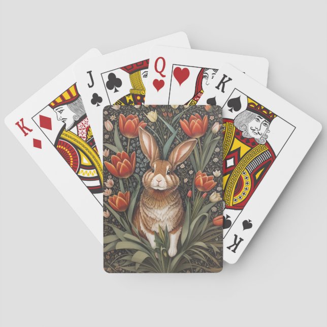 Brown Rabbit Red Tulips William Morris Inspired Poker Cards (Back)