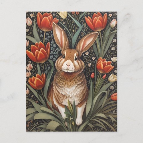Brown Rabbit Red Tulips William Morris Inspired Postcard