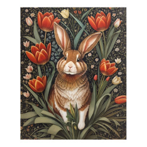 Brown Rabbit Red Tulips William Morris Inspired Poster