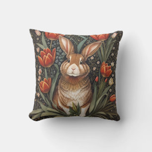 Brown Rabbit Red Tulips William Morris Inspired Throw Pillow