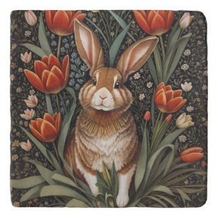 Brown Rabbit Red Tulips William Morris Inspired Trivet