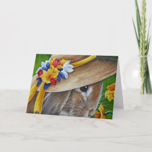 Brown Rabbit Spring Bonnet Daffodil Watercolor Art Card