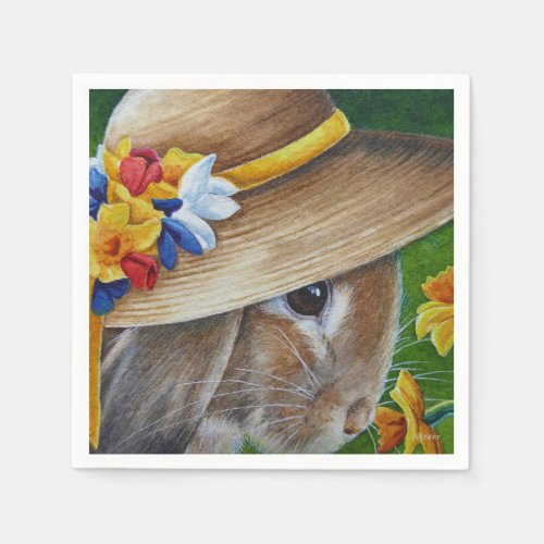 Brown Rabbit Spring Bonnet Daffodil Watercolor Art Napkins