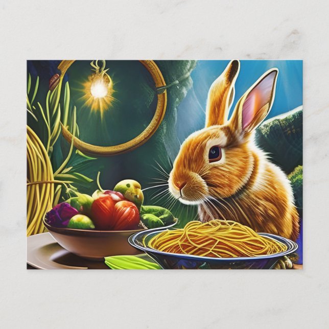Brown Rabbit With A Bowl Full Of Spaghetti Postcard (Front)