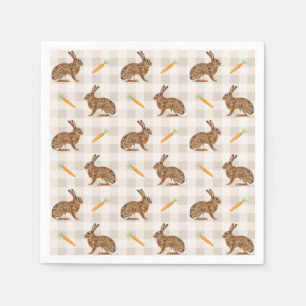 Brown Rabbits And Carrots Rustic Beige Gingham Napkins
