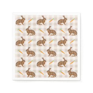Brown Rabbits And Carrots Rustic Beige Gingham Napkins
