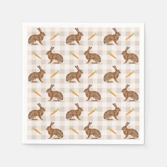 Brown Rabbits And Carrots Rustic Beige Gingham Napkins (Front)